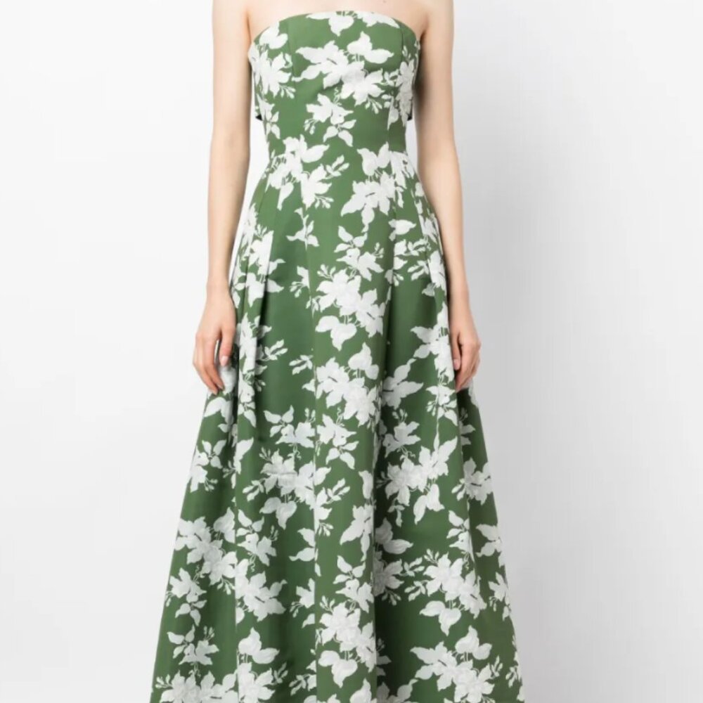 Sachin & Babi Margaux Pleated Floral-print Strapless Gown In Green Narcissus